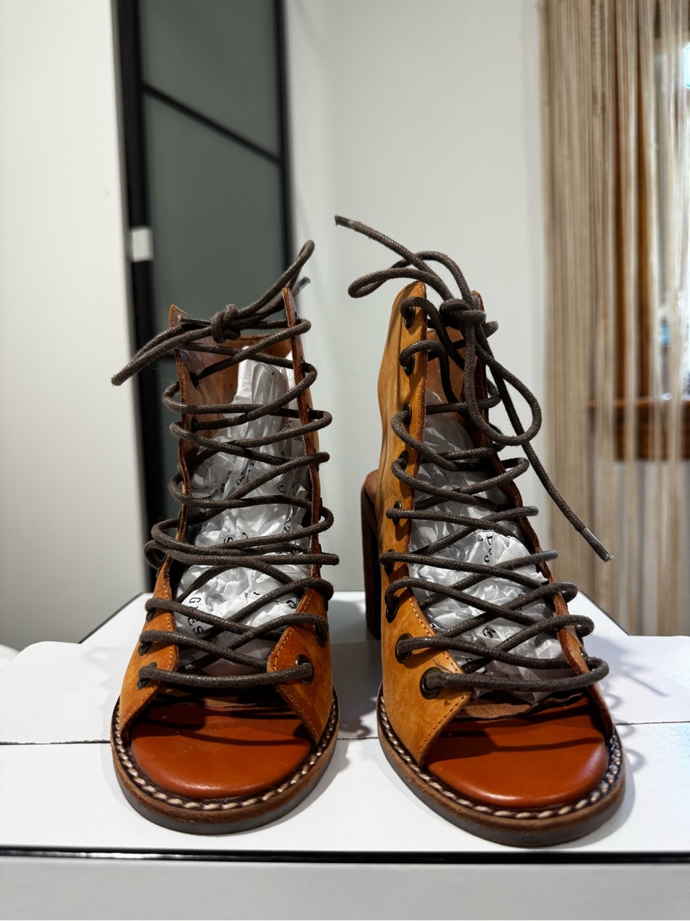 Jeffrey Campbell x Free People Lace-Up Open-Toe Leather Heels in Tan - Picture 6 of 16